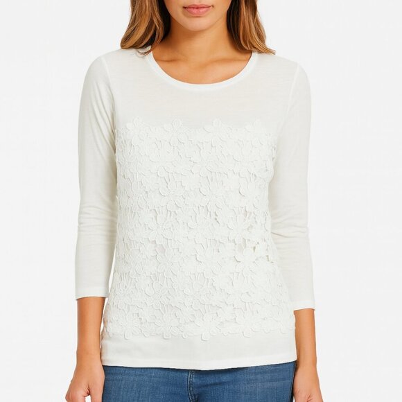 J Crew Lace Overlay Top White Slub Knit 3/4 Sleeve Size M Coastal Minimalist - Picture 11 of 11